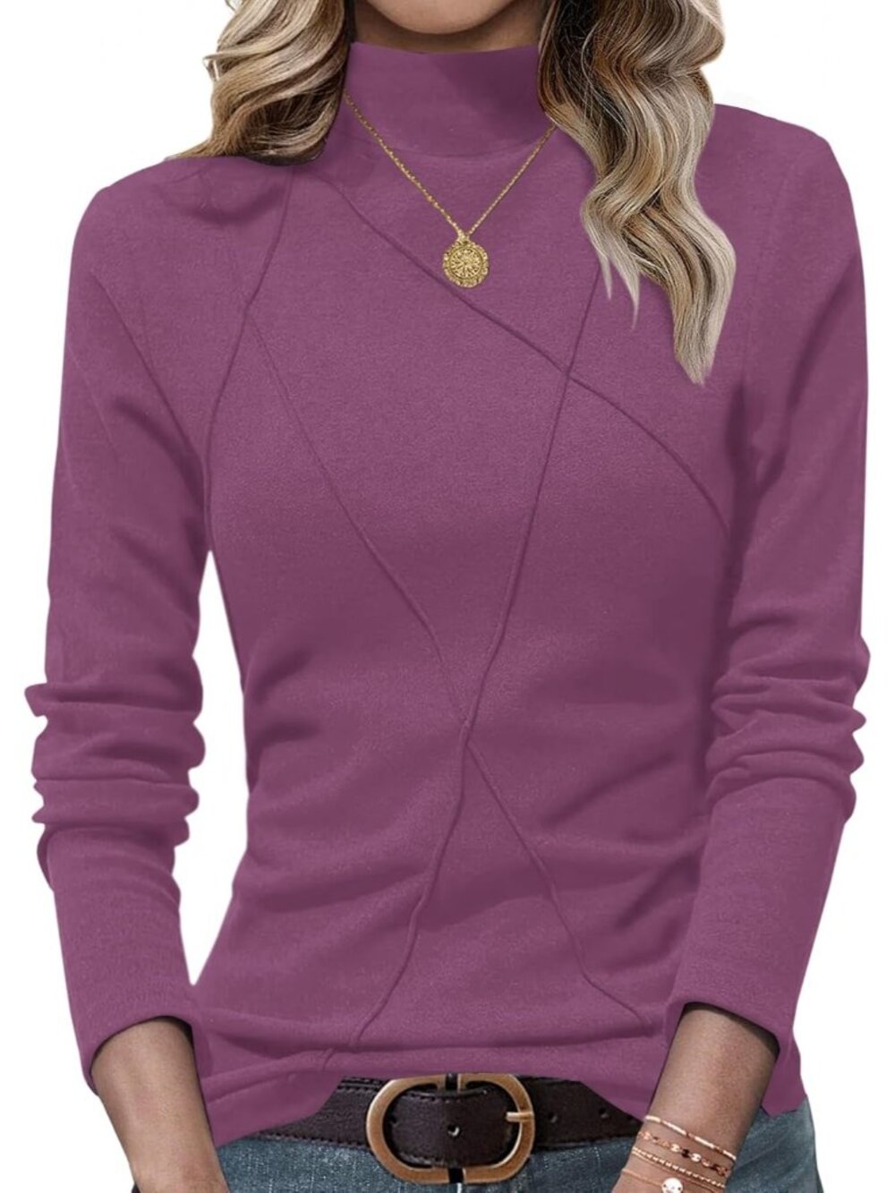 Women's Purple Mock Turtleneck Long Sleeve Stitching Layering Slim Fit Tunic Top